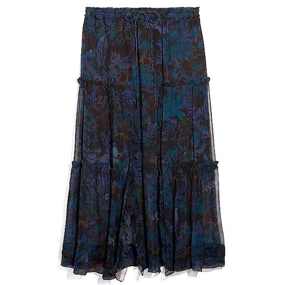 NWT $350 Coach Silk Skirt Tiered Front Slits Black Blue Floral Women Size 2 (A6) - Picture 1 of 8